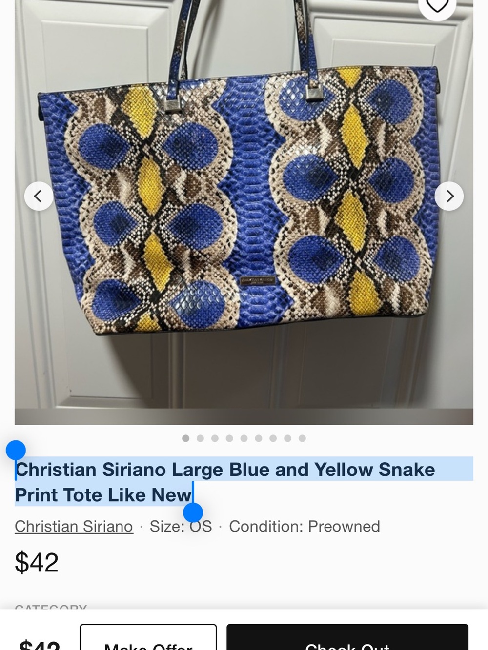 Christian Siriano  Blue and Yellow Snake Print Tote. - Picture 2 of 4
